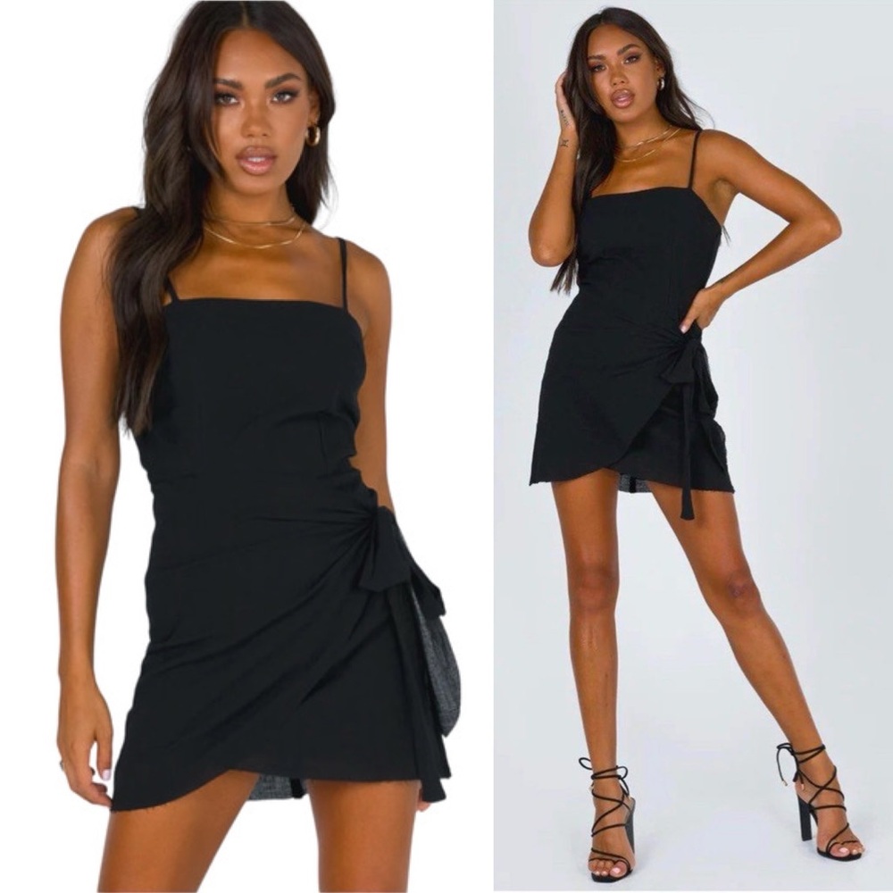 Princess Polly Forest Hunt Black Square Neck Tie Wrap Skirt Mini Dress